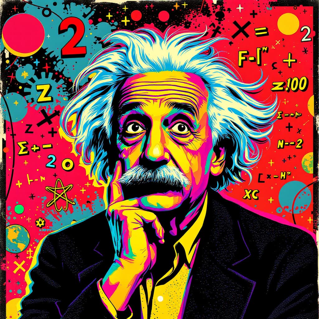 AI generated: Create a striking and bold image of albert einstein deep in thought, portrayed in a Neo-Pop Art styl...