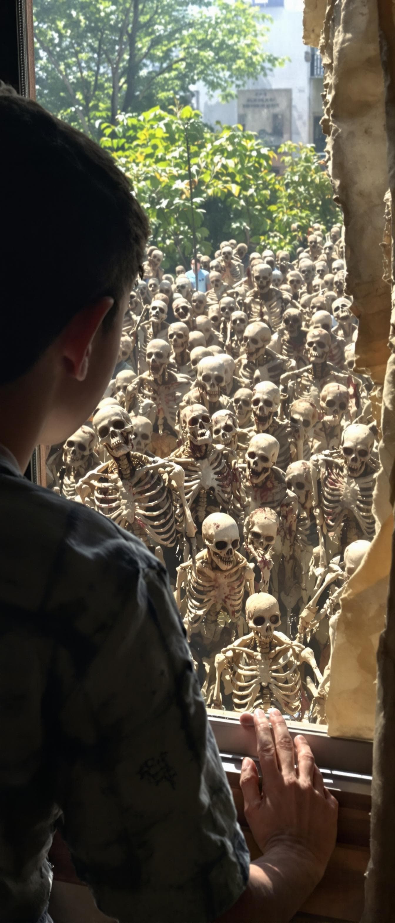 AI generated: A boy looking from a window at daylight and sees many walking dead people . Their body are fleshy or...