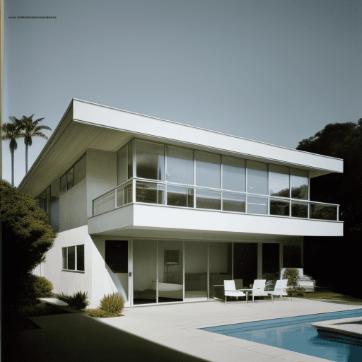 AI generated: Hyper realistic eye level exterior photo of a mid century modern style house overlooking the ocean, ...