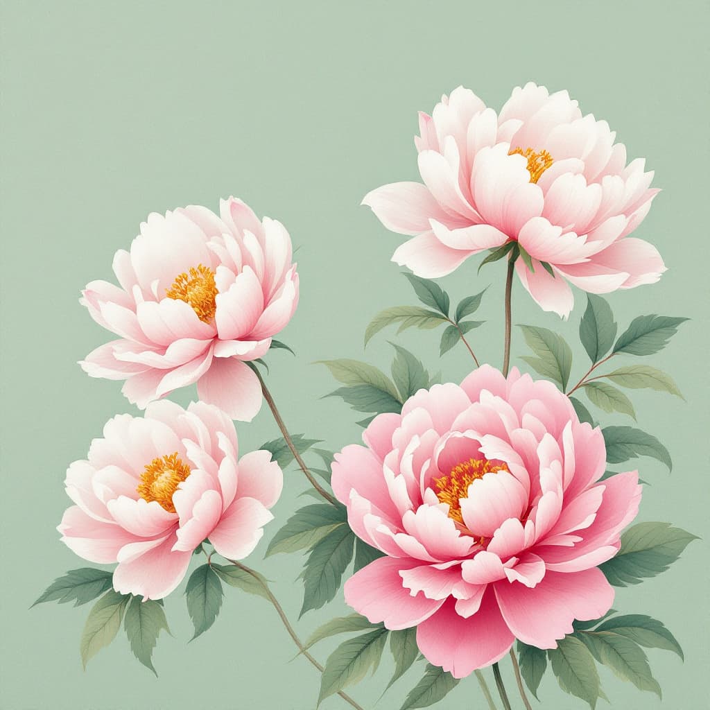 AI generated: Beautiful Chinese peonies decorate the soft light green canvas