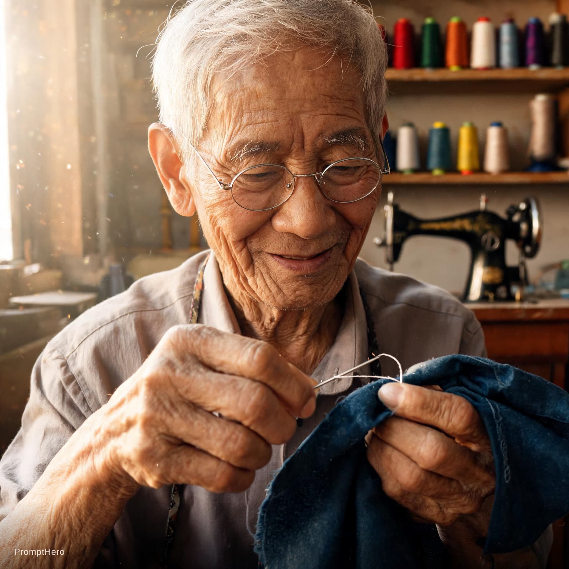 AI generated: A hyper-realistic close-up portrait of an elderly artisan tailor with deeply wrinkled skin and a kin...