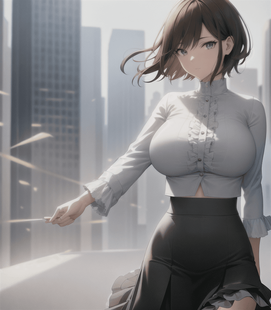 AI generated:  perfect anime illustration, 1girl, woman, short hair, brown hair, green eyes, (huge breasts, crop t...