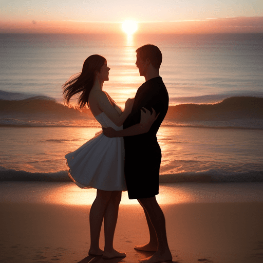 AI generated: Craft a short story about a couple enjoying a romantic moment as the sun sets over the beach. 8K. St...