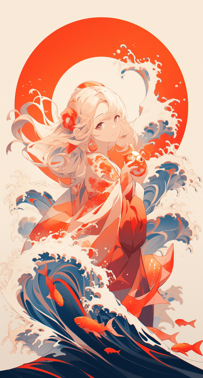 AI generated: a woman in the ocean, in the style of light beige and red, hikecore, bold graphic style, babycore, d...