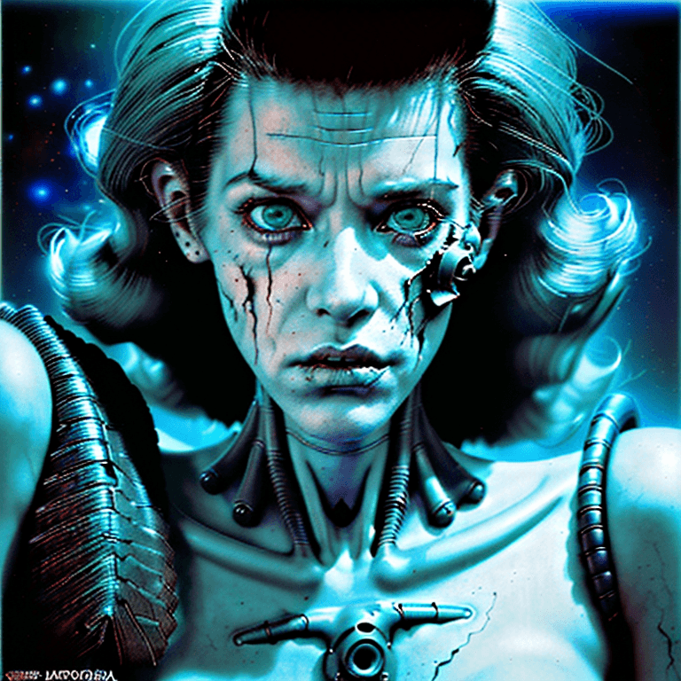 AI generated: a perfect Beautiful rugged female post apocalyptic retrowave synthwave cyborg, space age, creepy eer...