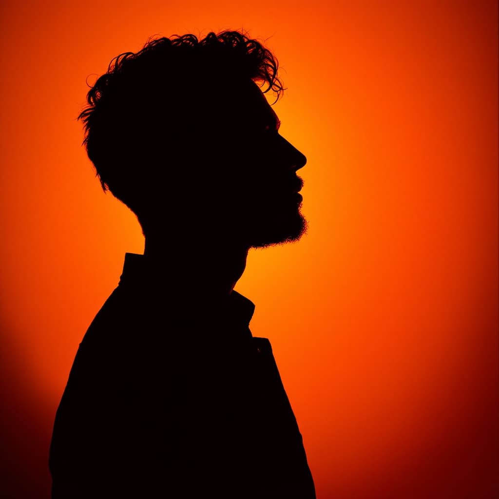 AI generated: photography, portrait of contrast, profile silhouette of a man, vibrant hot orange backdrop, visuali...
