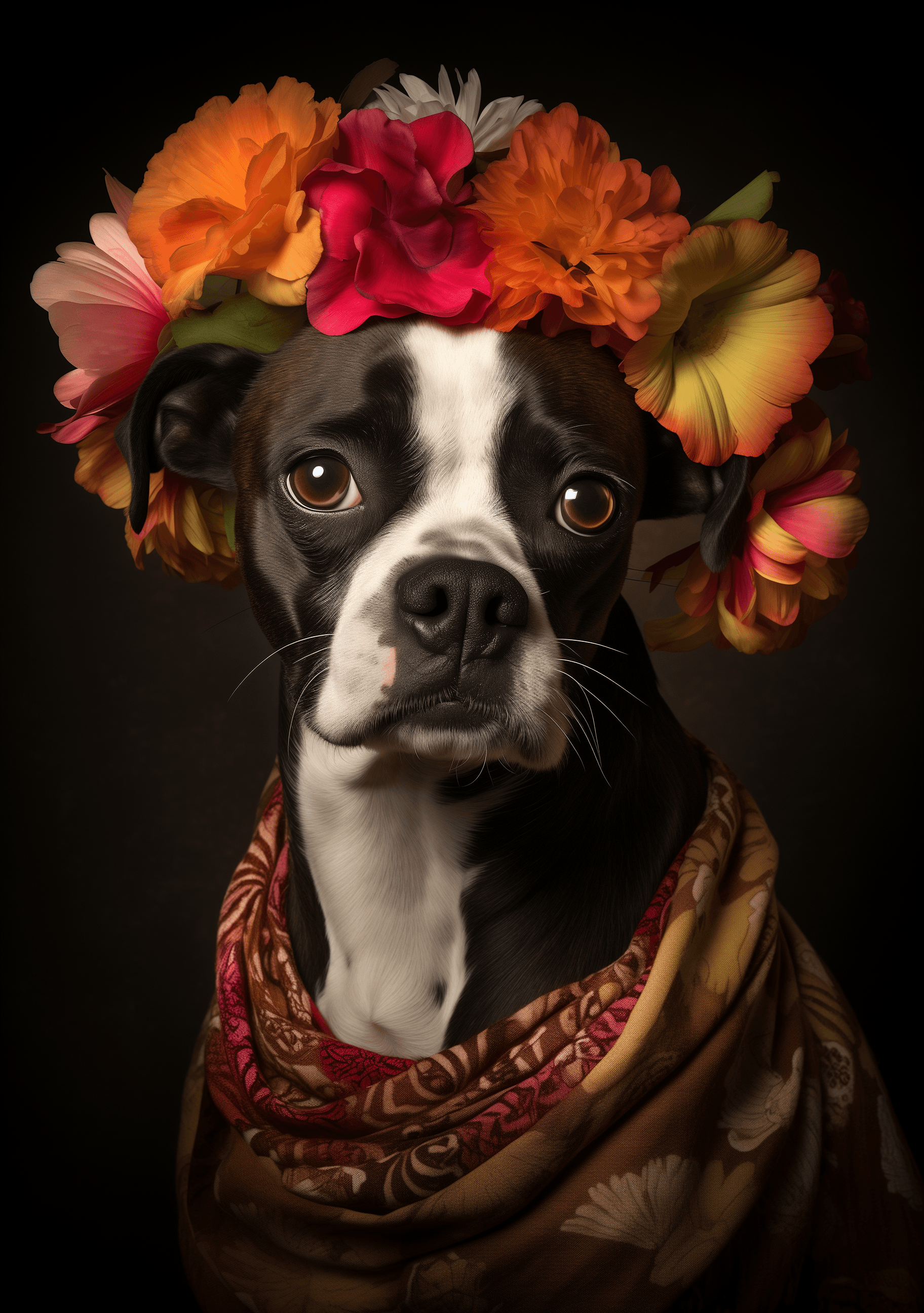 AI generated: A dog dressed up as Frida Kahlo, with flowers on its head and an eyebrows-on-eyebrows pose, which is...