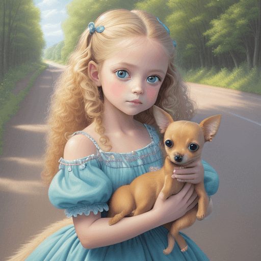 AI generated: Airbrush, charming glossy oil painting, hyperrealism of a little cute girl with long blonde curly ha...