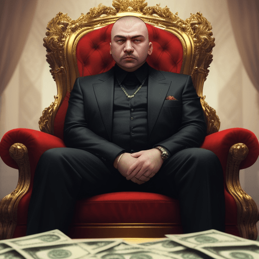 AI generated: the head of the Russian mafia is sitting in a big golden chair that is on a giant pile of money