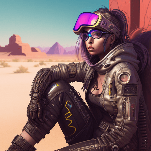 AI generated: female character wearing goggles while sitting in the desert, in the style of cyberpunk imagery, rea...