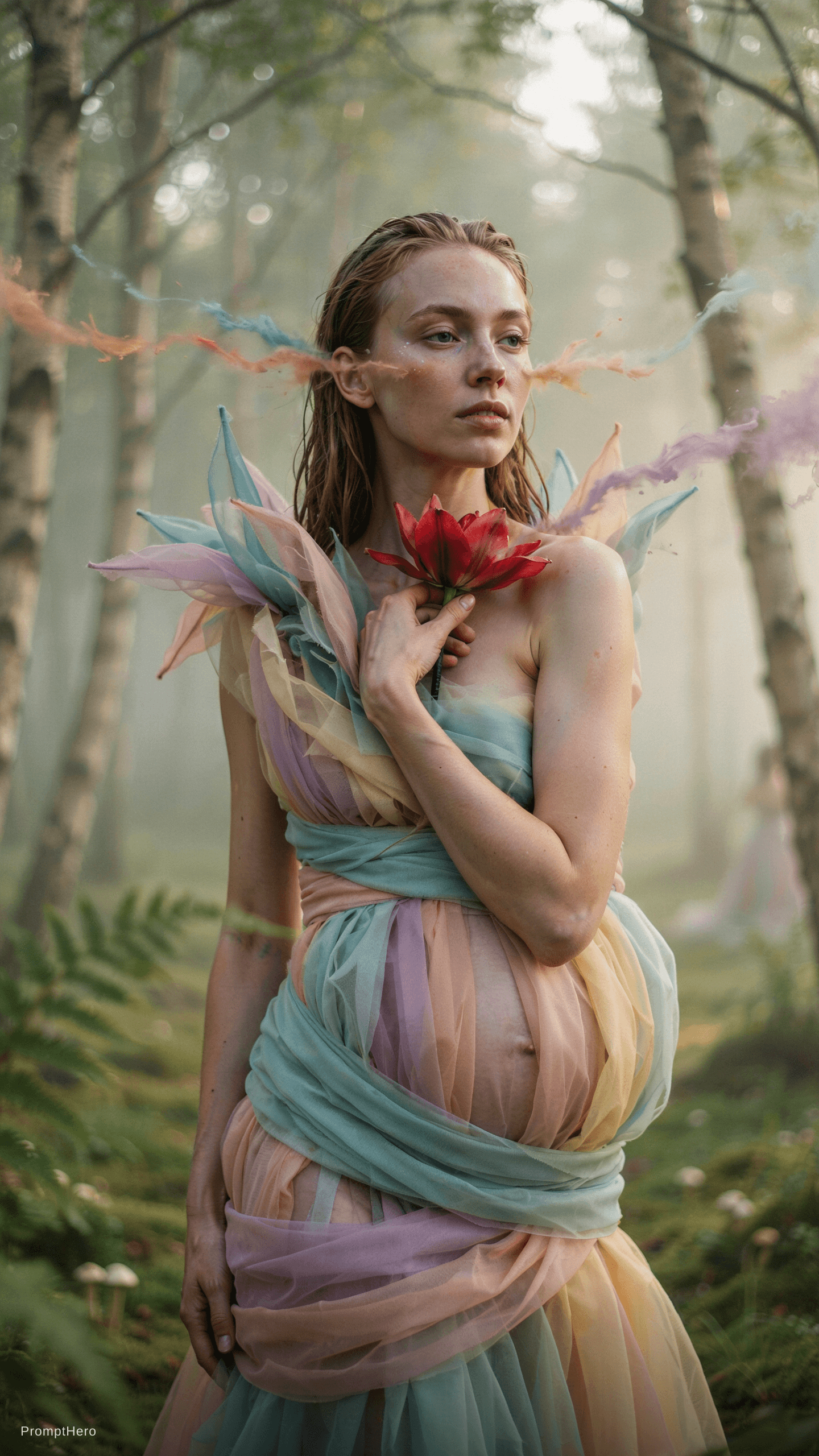 AI generated: Editorial style photo of a pregnant European woman in a pastel dream, colors flowing from her face, ...