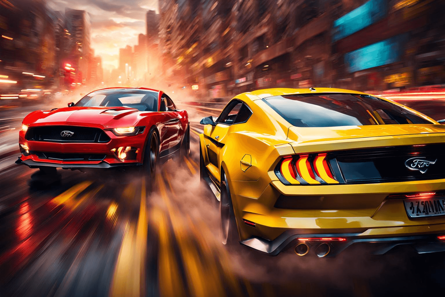 AI generated: cinematic 8k wallpaper, two red and yellow cars (insanely realistic body design) crashed in each oth...