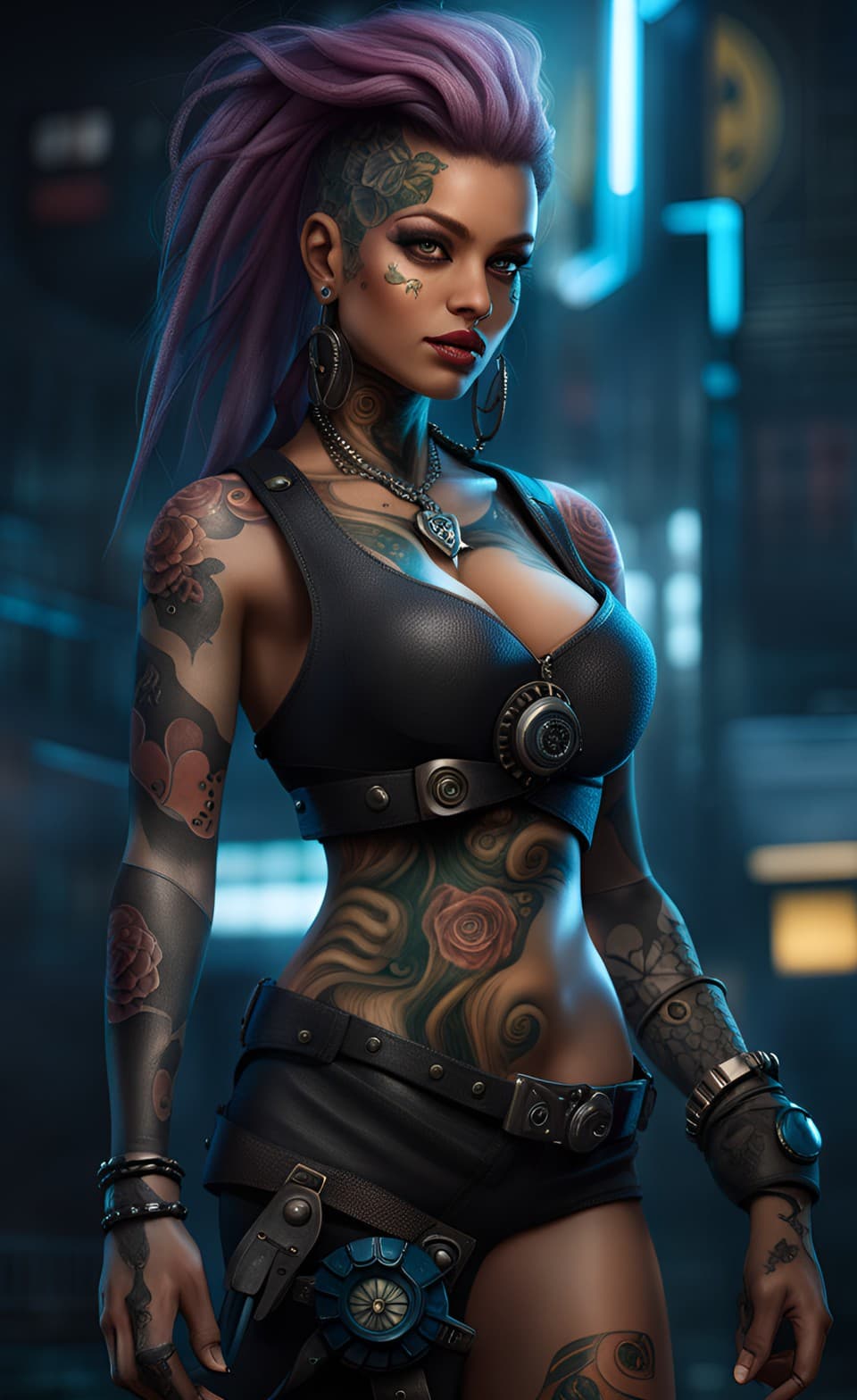 AI generated: An attractive full body body portrait of a sci-fi Steampunk Female, long messy colored hair, flower ...