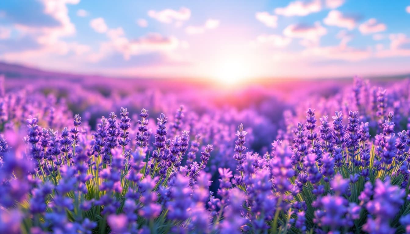 AI generated: Imagen de de un campo de lavanda , con un cerezo en flor en primer plano, luaz soleada, fondo cielo ...