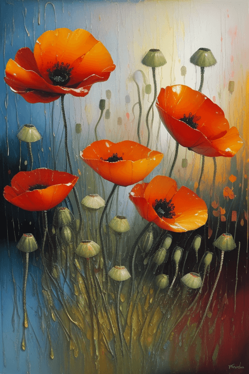 AI generated: Poppy flowers, oil painting, wet on wet, shiny silver metallics, colorful, abstract impressionism, p...