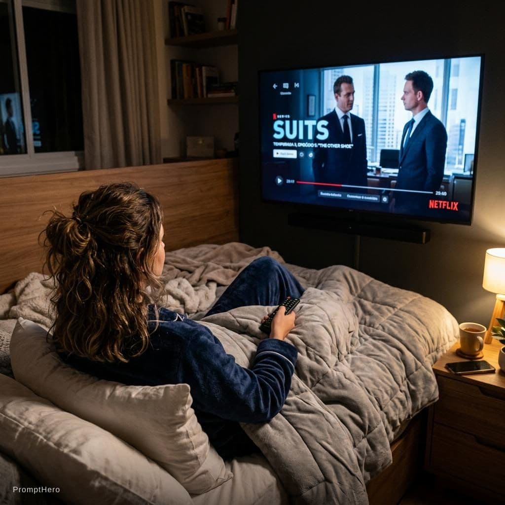 AI generated: faz uma foto que apareça que eu estou numa cama a ver netflix numa televisão a ver a serie suits