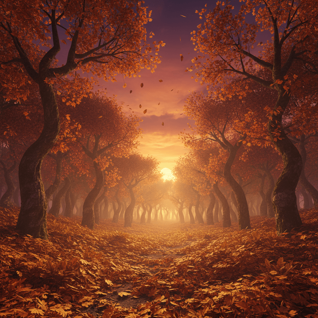 AI generated: "3D render of a fall forest at dusk, with orange skies and a carpet of leaves on the ground"
