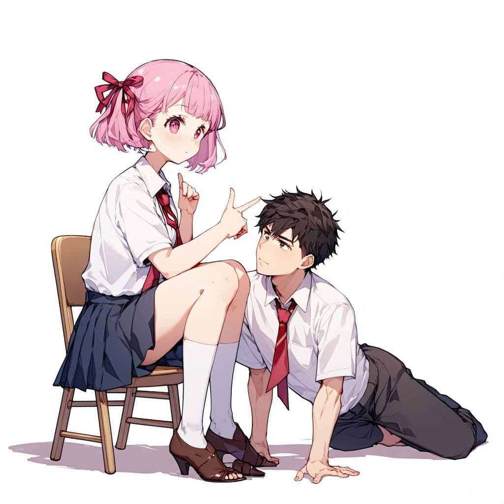 AI generated: Realistic photography of Natsuki sitting on a chair next to her male teacher on the floor. Natsuki f...