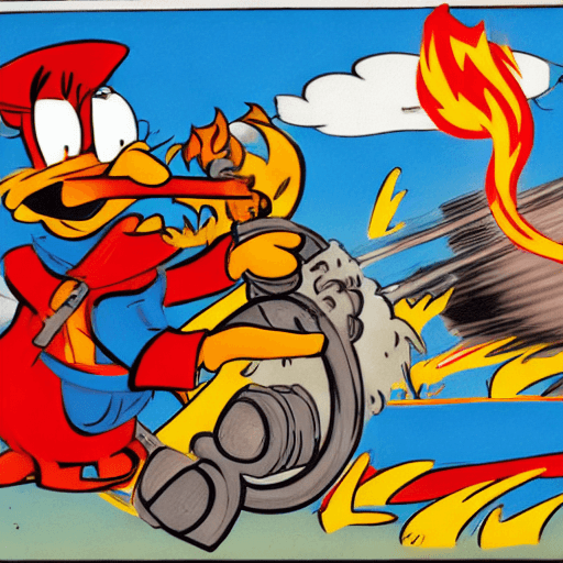 AI generated: Daffy duck fighting a fire, holding a hose, fire dept logo
