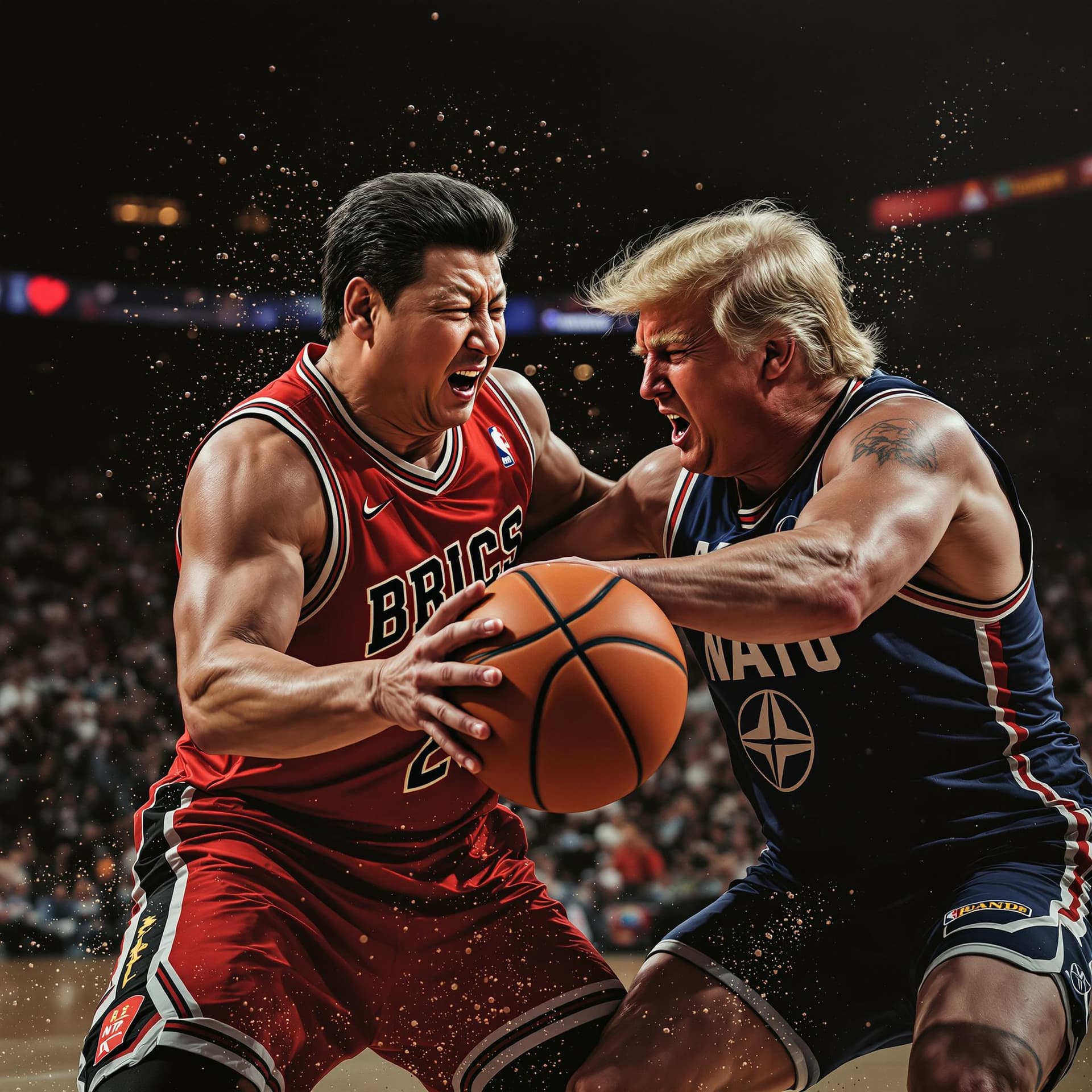 AI generated: Xi Jinping and Donald Trump, mid-game basketball fight over a contested basketball, Xi Jinping weari...