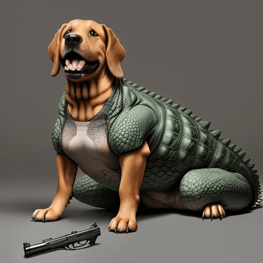 AI generated: a dog sitting with crocodile having guns 
