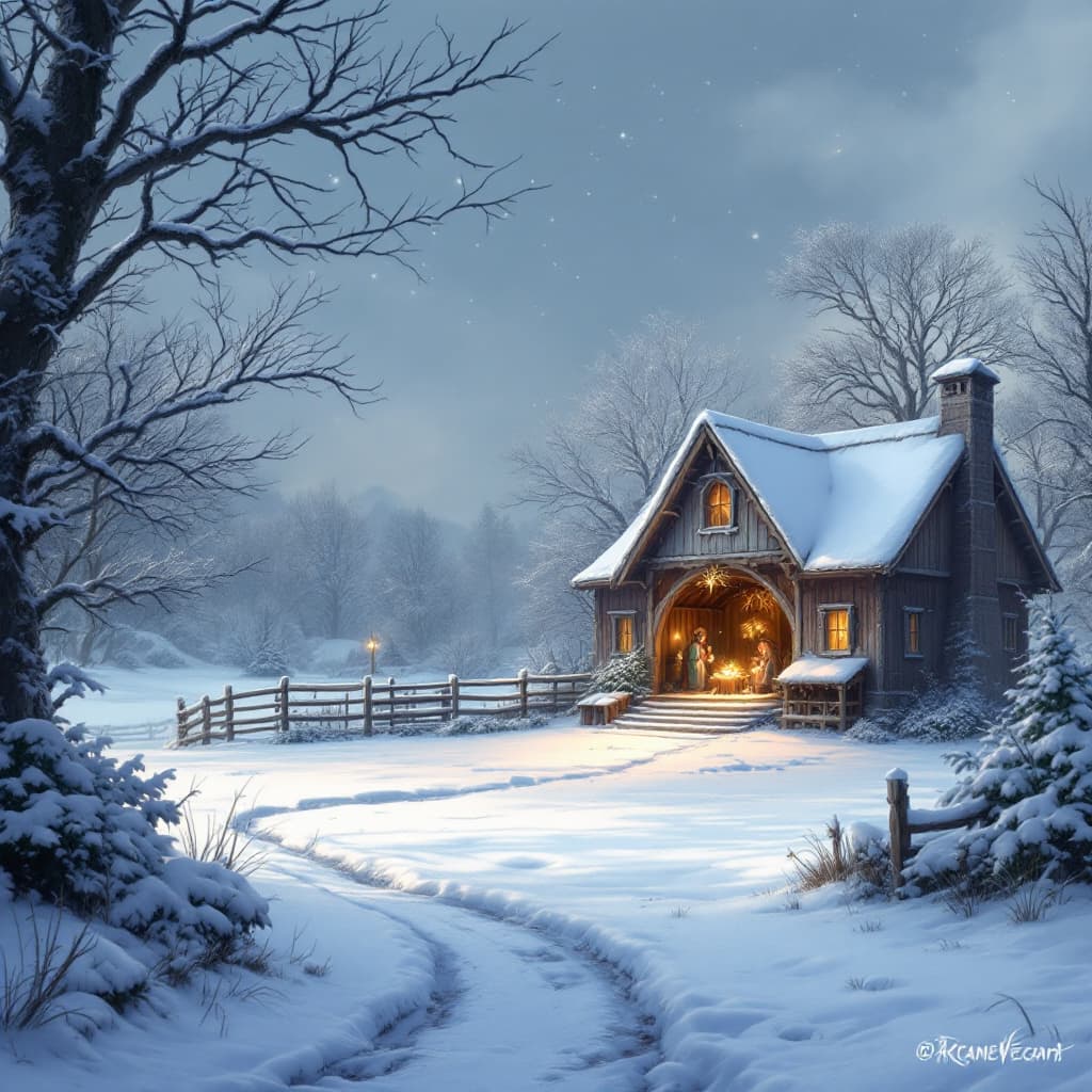 AI generated: An idyllic Arcane League of Legends winter scene featuring a snow-dusted farmhouse. A humble Nativit...