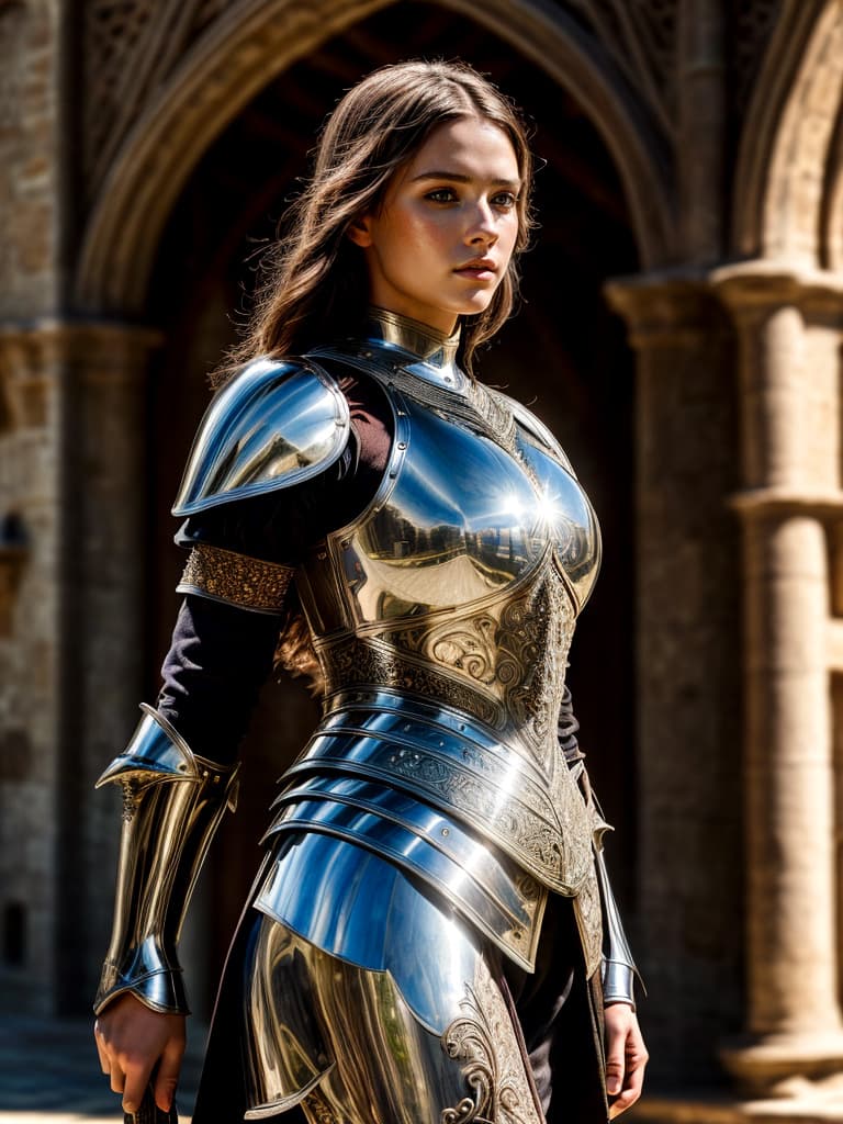 AI generated: (masterpiece), (extremely intricate:1.3), (realistic), photo of a girl in medieval armor, reflection...