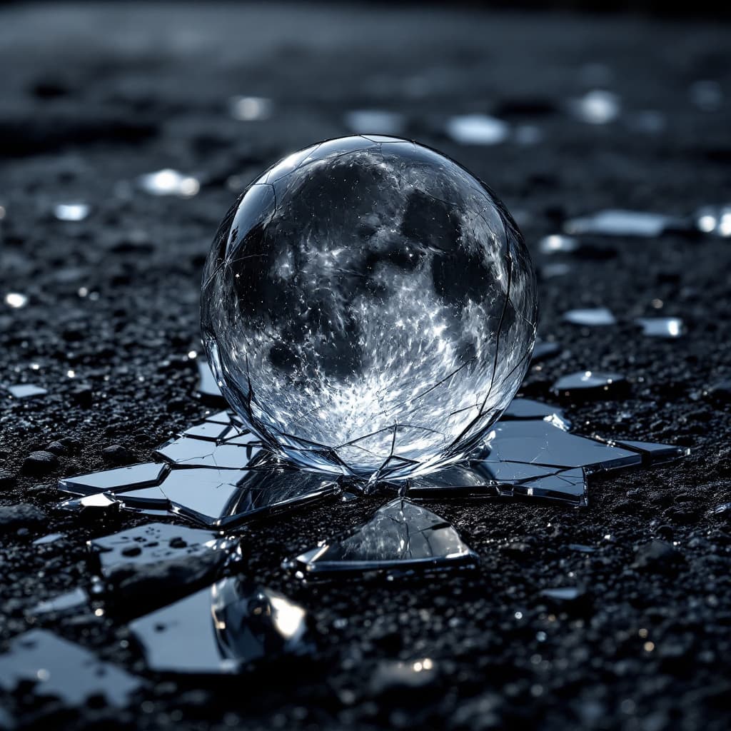 AI generated: highly reflective glass showing the full moon in it's brilliance and detail, the glass is shattered ...