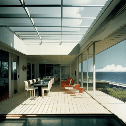 AI generated: Hyper realistic eye level exterior photo of a mid century modern style house overlooking the ocean, ...