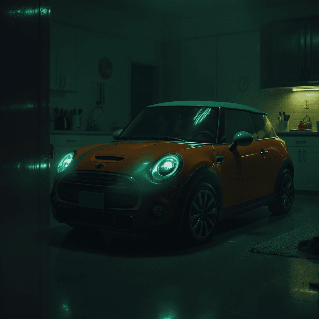 AI generated: photography of a small orange Mini car inside the kitchen, The setting appears to be a dark and eeri...