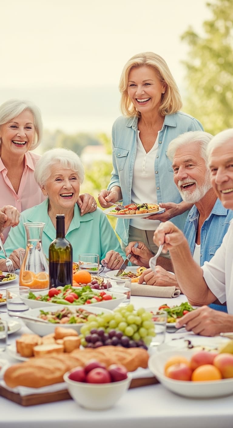 AI generated: A family gathered around a table outdoors for a meal, radiant with expressions of joy and contentmen...