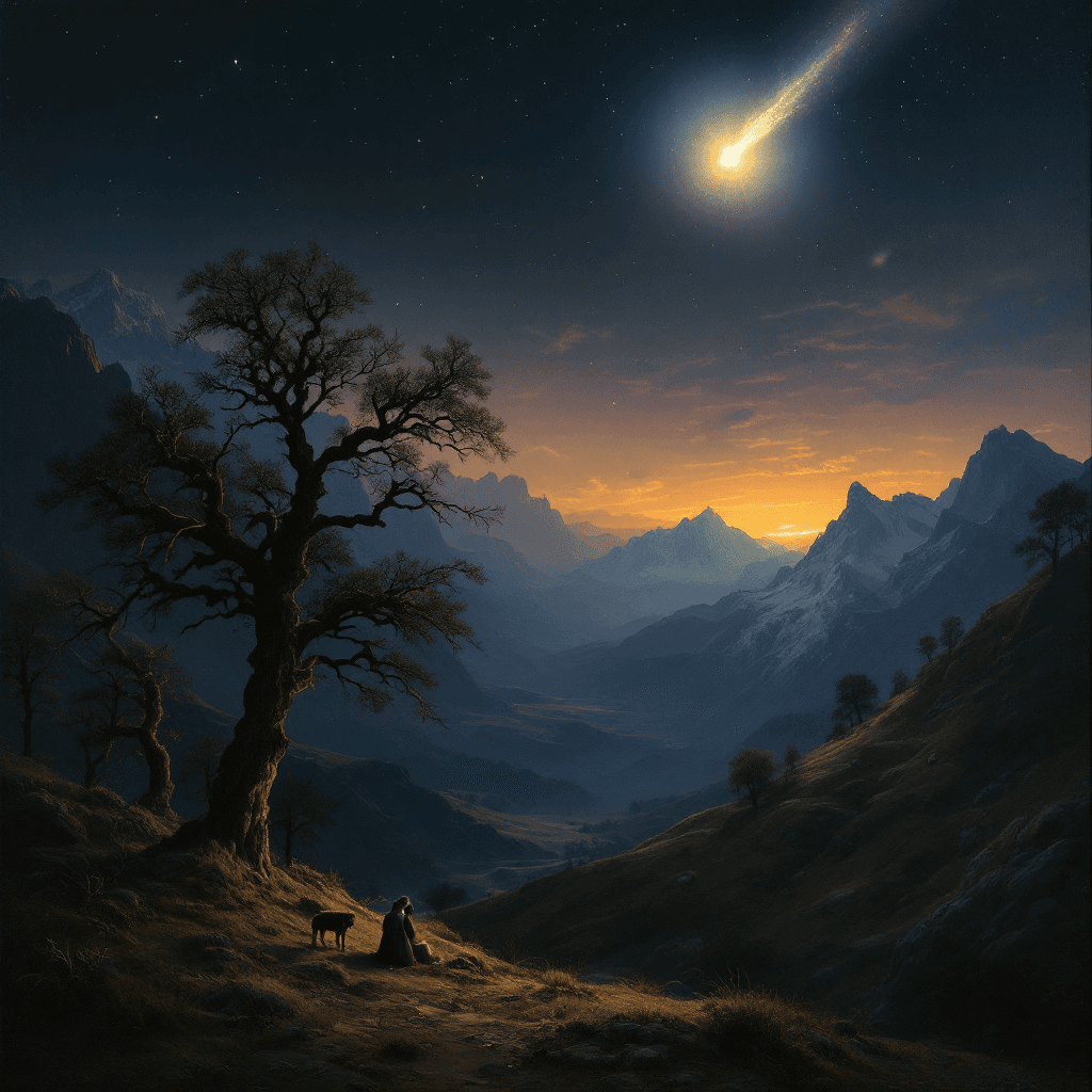AI generated: A nativity scene painted by Caspar David Friedrich based on motifs from his most famous landscape pa...
