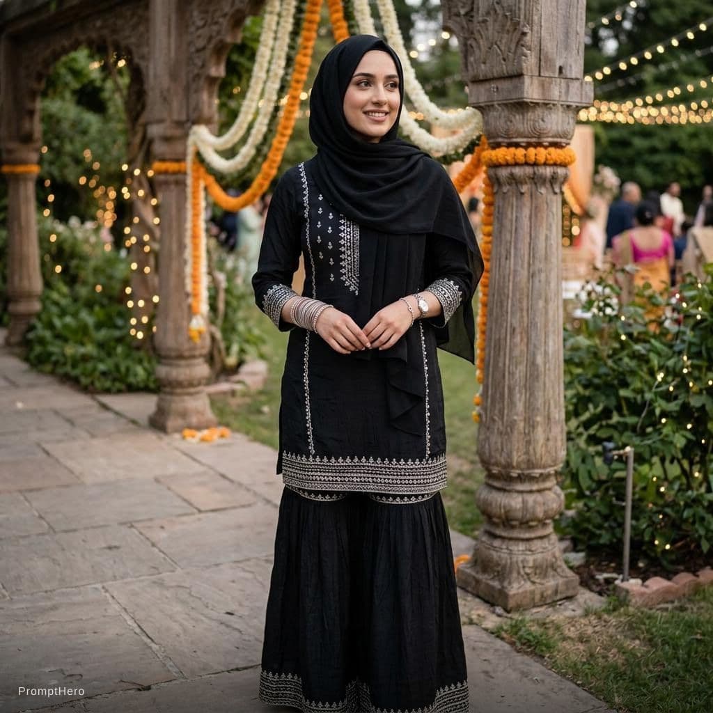 AI generated: create a girl wearing black sharara with sliver bangles with this a hijab in black she is little bit...