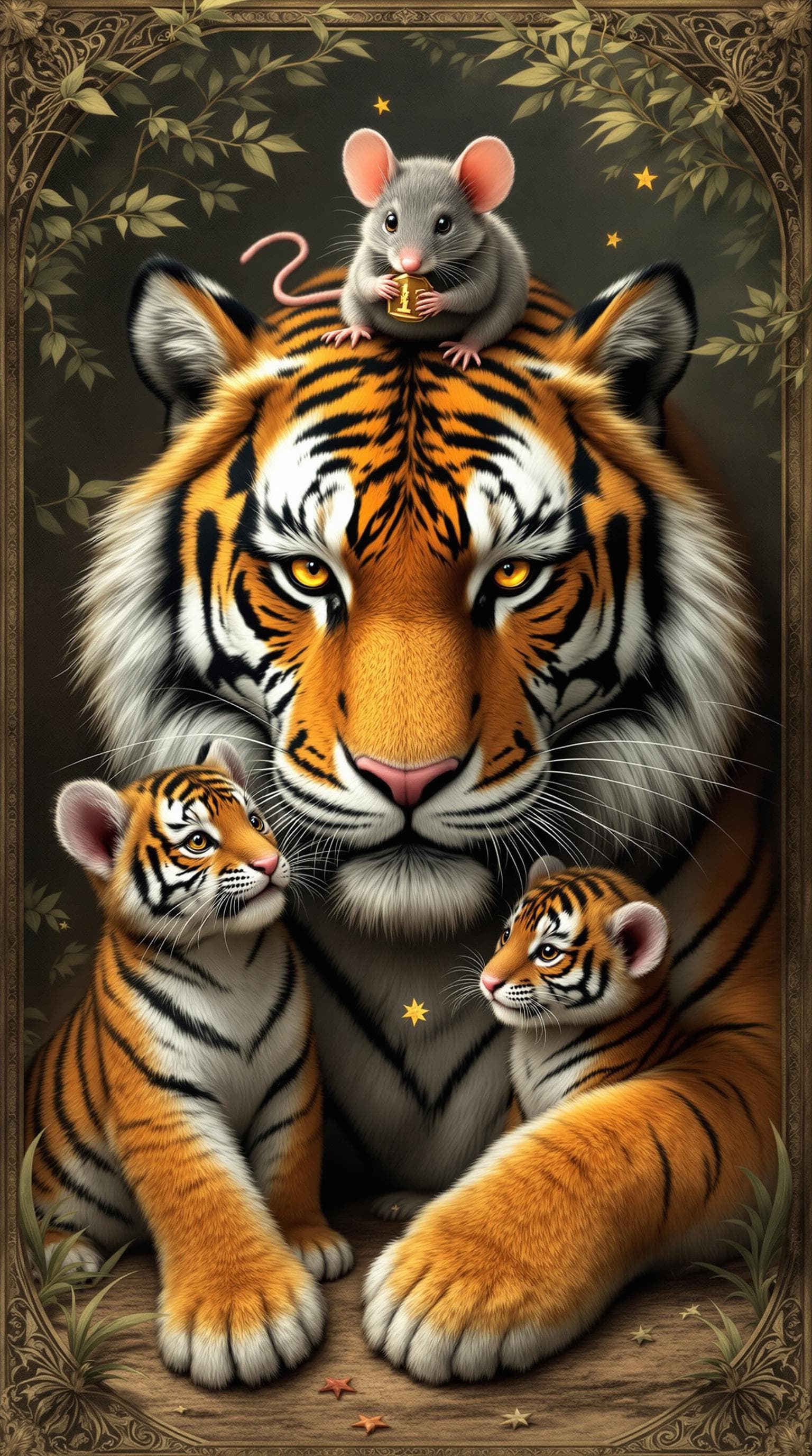 AI generated: retablo art,a tiger and two tiger cubs, and a oversized mouse ,with a mouse on the tiger's head, the...