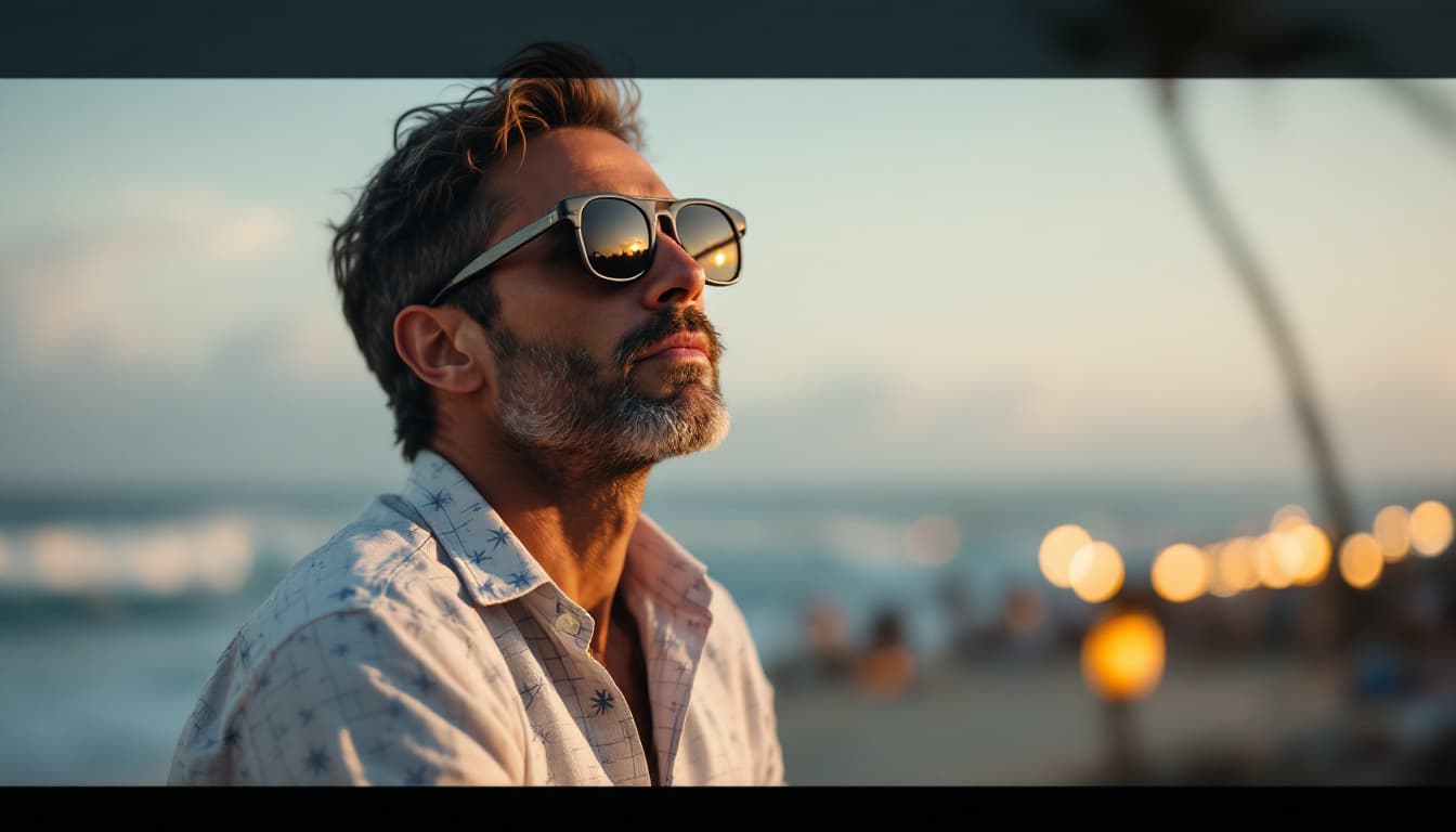 AI generated: A 37 man with a sunglasses wearing a crisp, light-colored linen shirt in a  subtle geometric pattern...