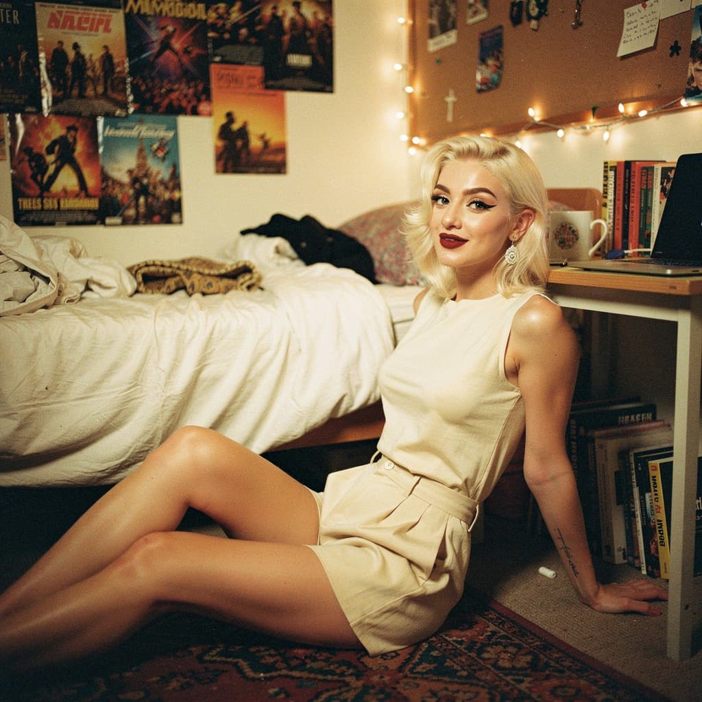 AI generated: A bold retro photograph of a curvy young female with platinum blonde hair and dramatic makeup. She w...