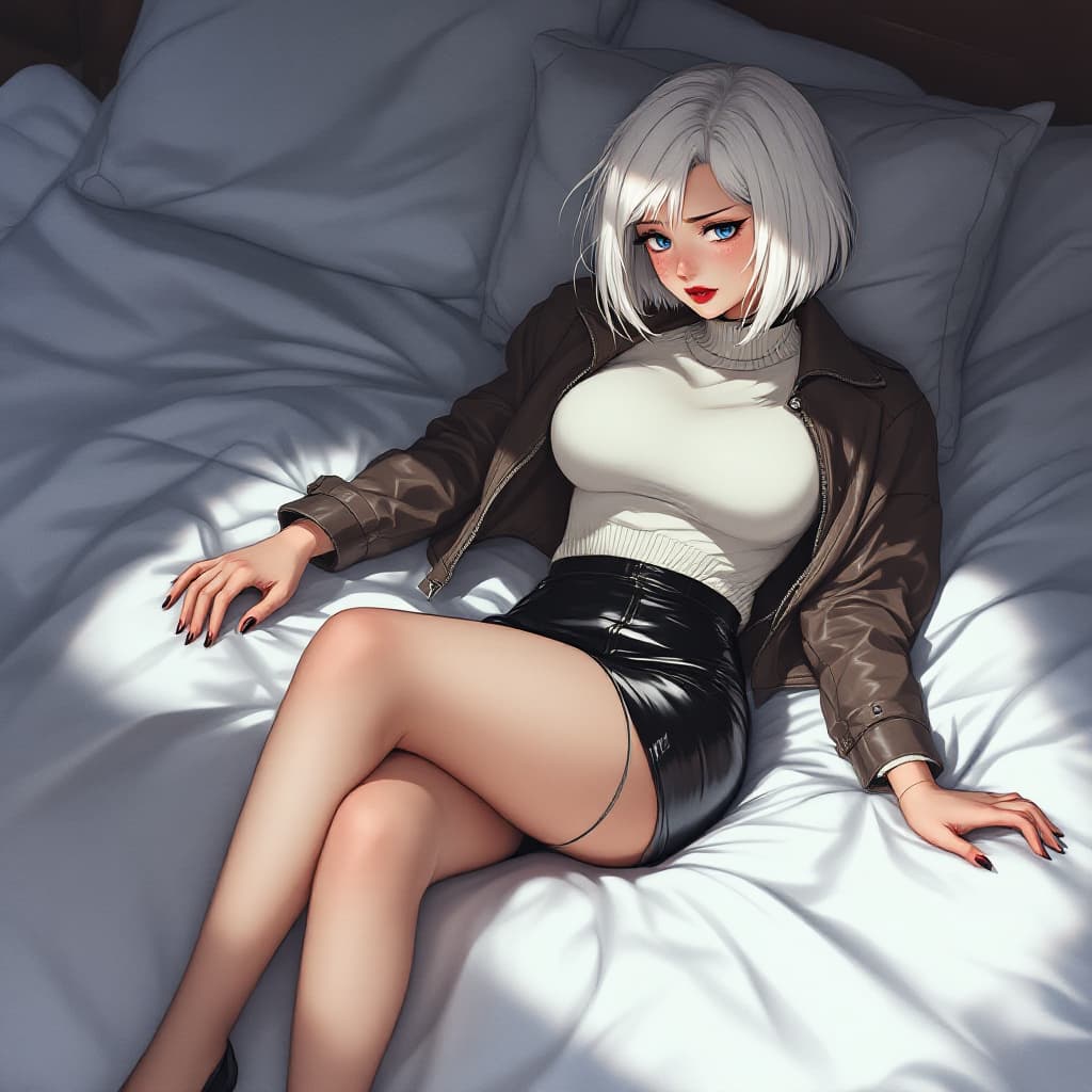 AI generated: anime, woman, white hair, bob cut, blue eyes, freckles, red lips, white sweater, tight sweater, shor...