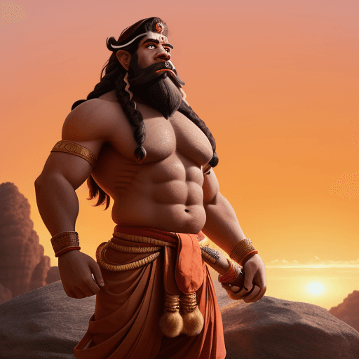 AI generated: A loard hanuman , wearing a red dhoti with long hair with beard and whole body have brown hair , sta...