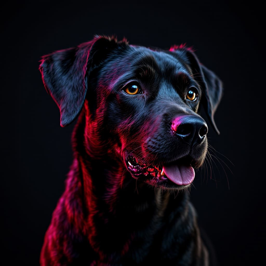 AI generated: A beautiful black dog, neon lighting behind him. Dark background. Hyper realistic, strange patterns ...