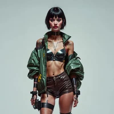 AI generated video: girl taking off her jacket and walking forward, towards the camera.