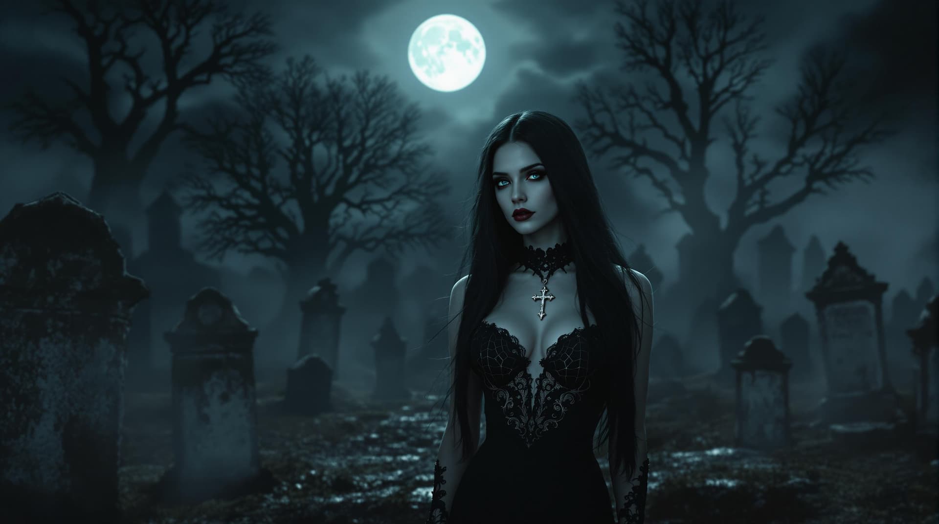 AI generated: a haunting graveyard scene at night, with a full moon casting an eerie glow. The woman stands in the...