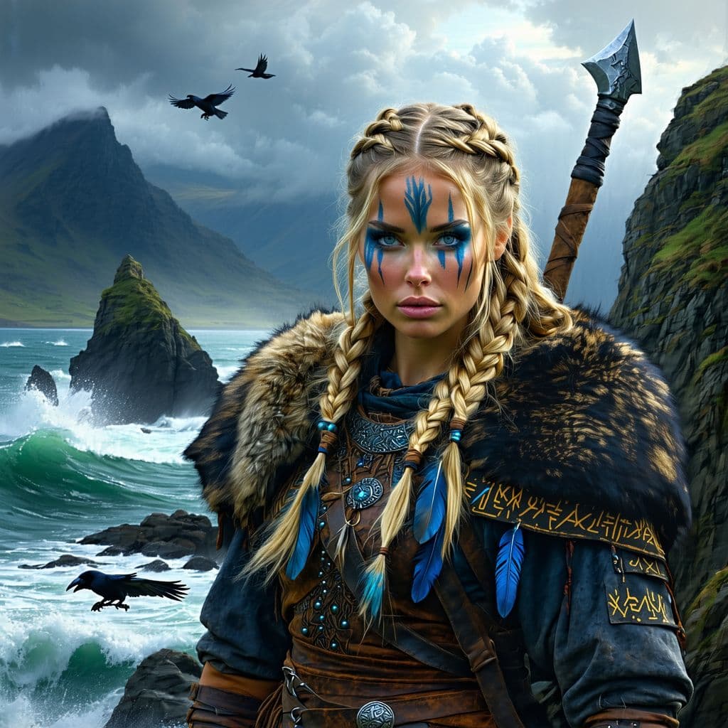 AI generated: Full-color fantasy illustration of a fierce Viking warrior woman with long braided blonde hair, deco...
