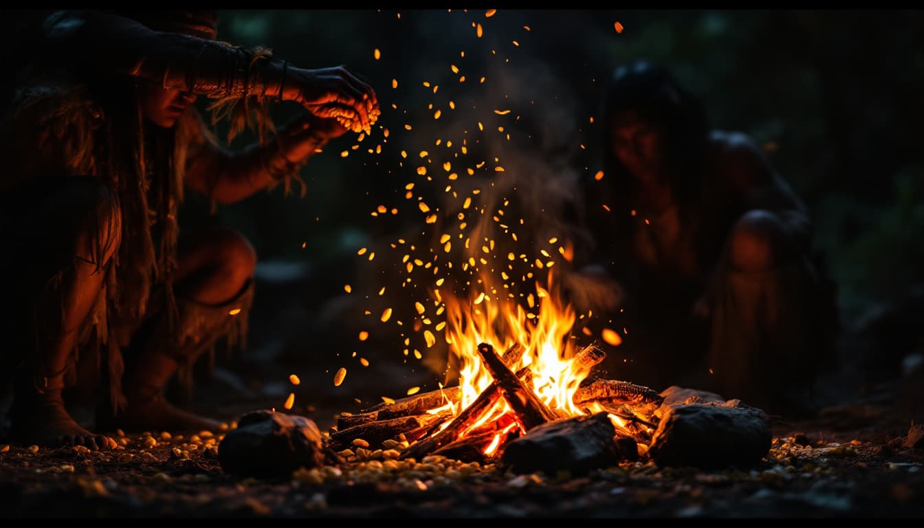 AI generated: Throwing corn kernels into the fire as an offering to nature spirits.at night

. Native Americans ar...