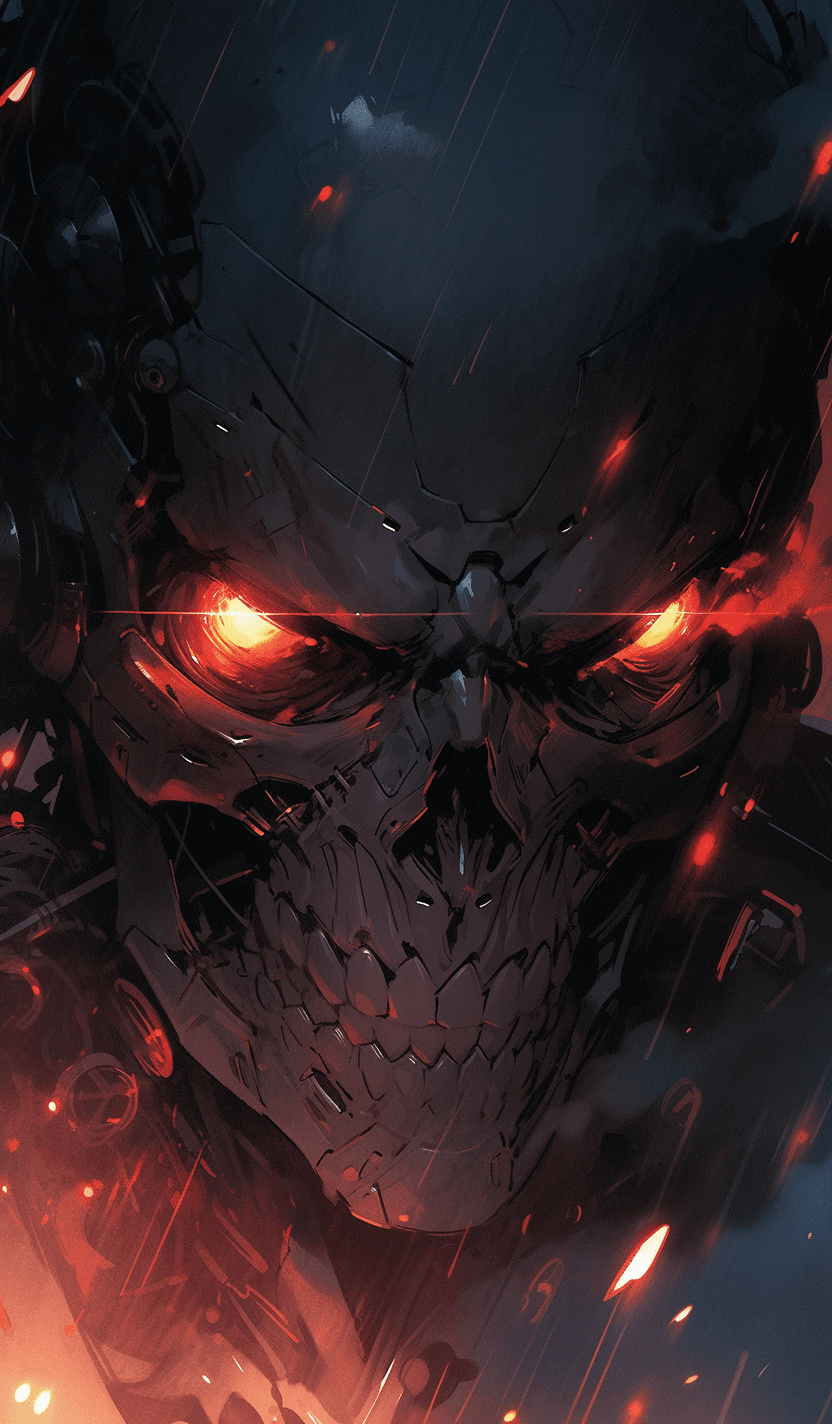 AI generated: Terminator T-800, atmosphere of darkness and horror, in the style of wallpaper portraits, realism, m...