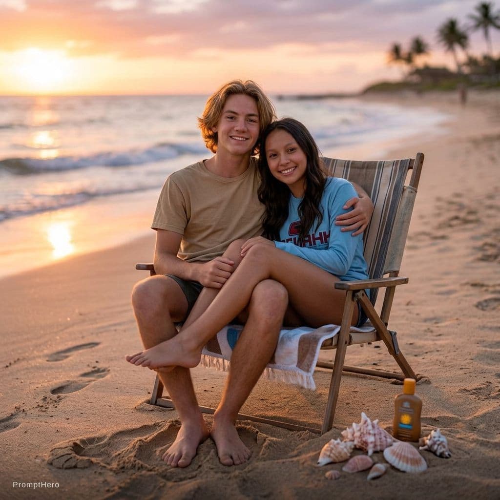 AI generated: Make them at a beach sitting in a single chair with the girl sitting on the boys lap