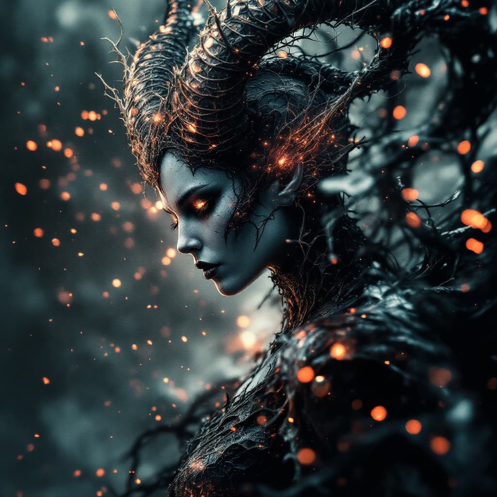 AI generated: A high-definition detailed realistic photograph of a beautiful Beldam demonic mother, side angle vie...