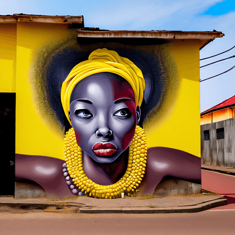 AI generated: a mural of woman on a yellow wall with fruit on her head, in the style of ingrid baars, 32k uhd, ben...