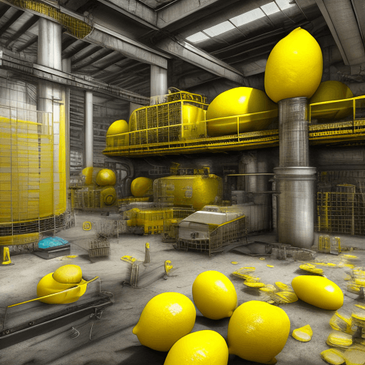 AI generated: fresh yellow lemon with realistic industrial parts inside concept, well blended