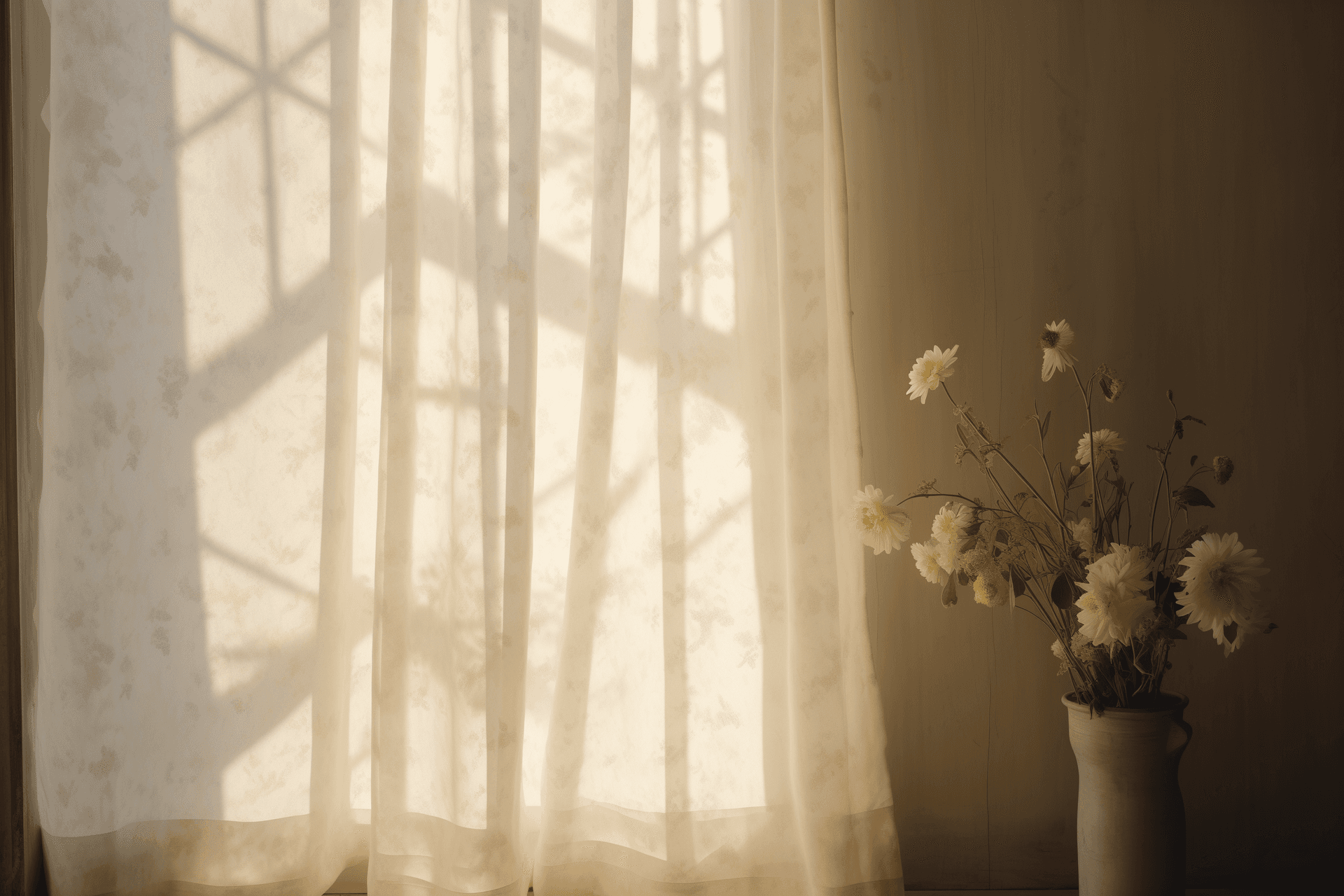 AI generated: A photo of an off-white curtain with small floral patterns, hanging in front of the door on one side...