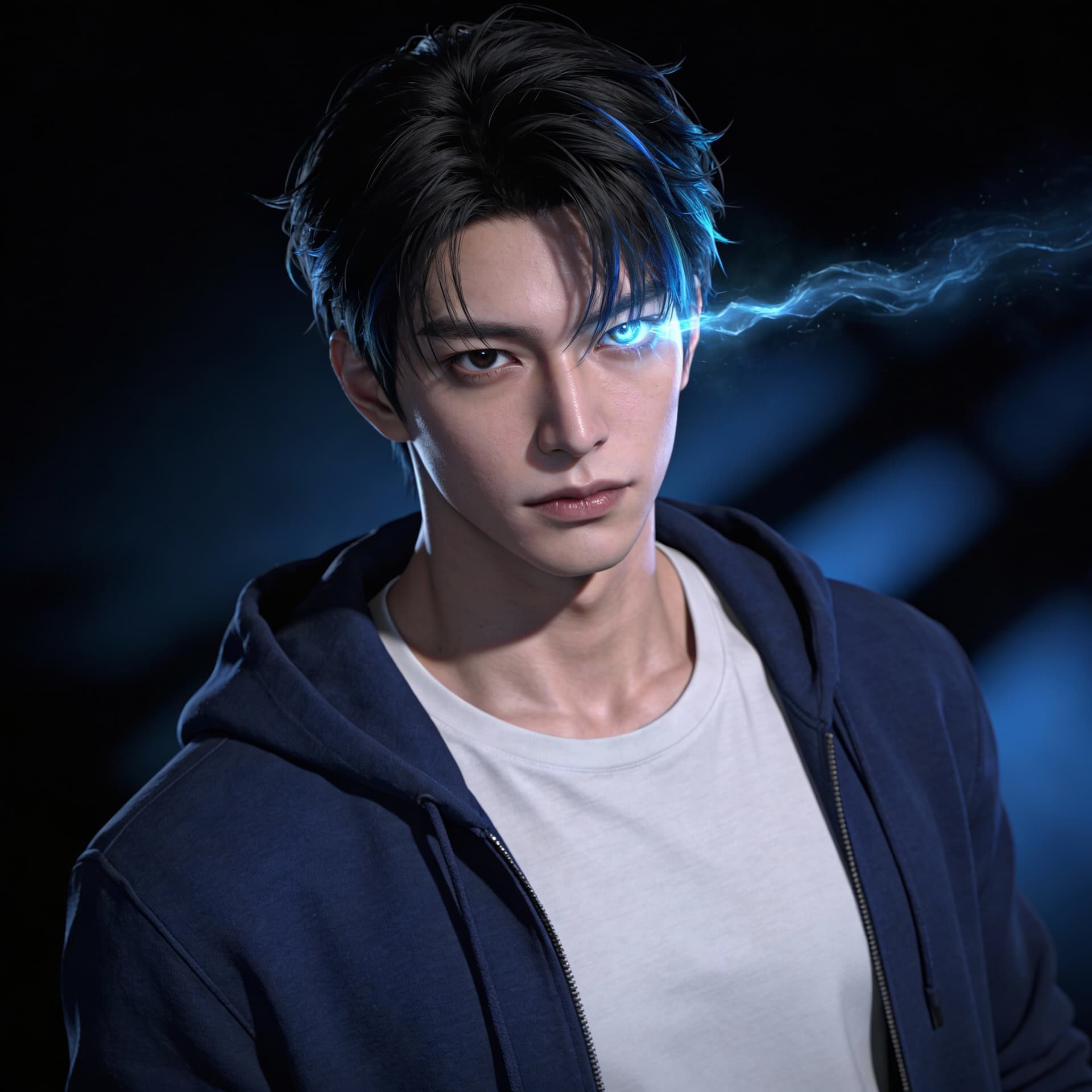 AI generated: A photo-realistic portrait of Sung Jin-Woo from Solo Leveling, looking intensely at the viewer with ...
